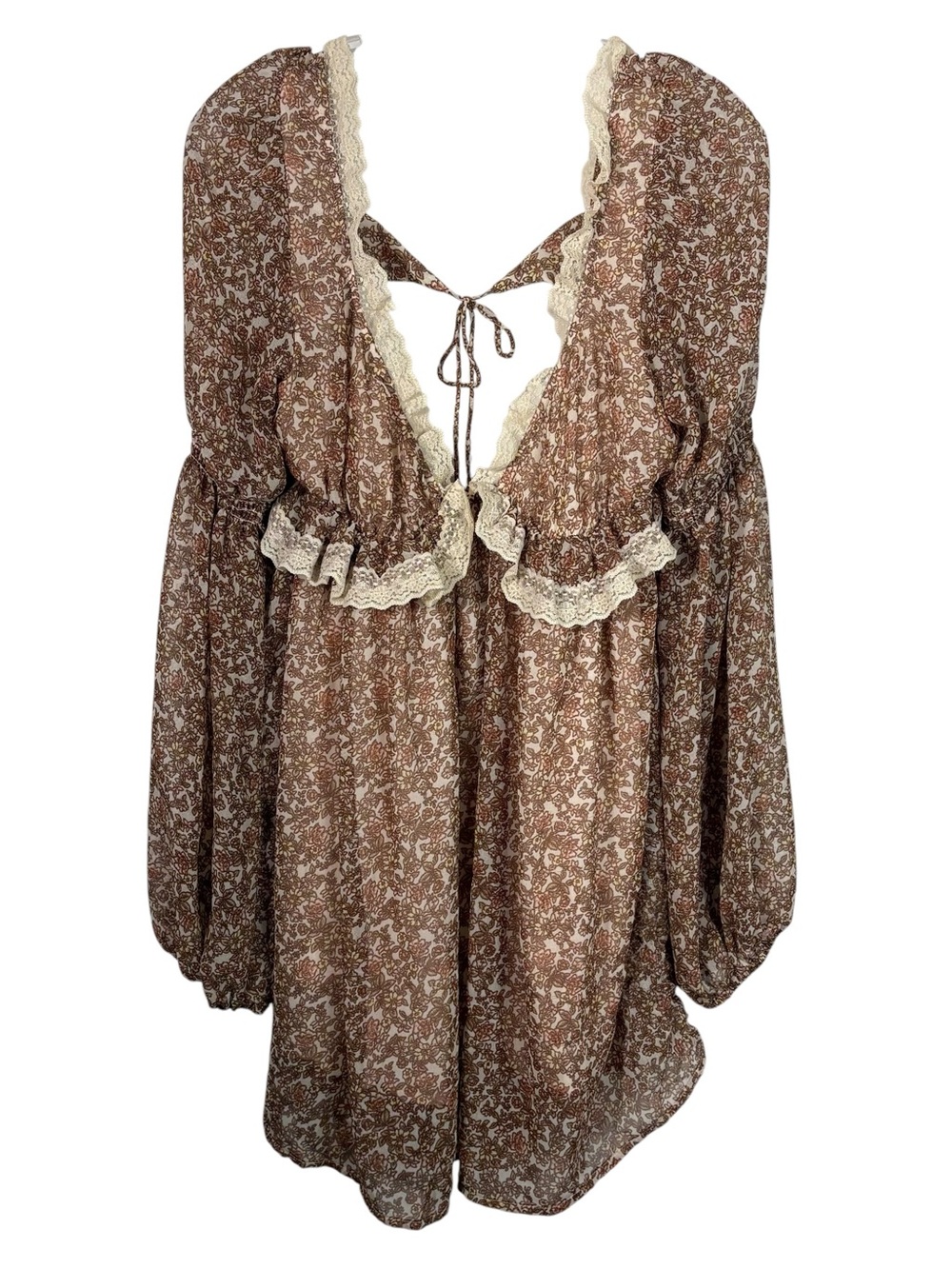 Free People Pennie Babydoll Chiffon Floral Ruffle Trim Long Sleeve Dress Small S
